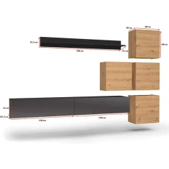 Garnero Arredamenti Parete Attrezzata Sospesa|Pareti Attrezzate-Parete attrezzata sospesa 300x210h cm nero lucido rovere Tempus Rovere - Nero Lucido