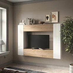 Garnero Arredamenti Parete Attrezzata A Terra|Pareti Attrezzate-Parete attrezzata sospesa 196x180h cm moderna bianco lucido rovere chiaro Sunset 97