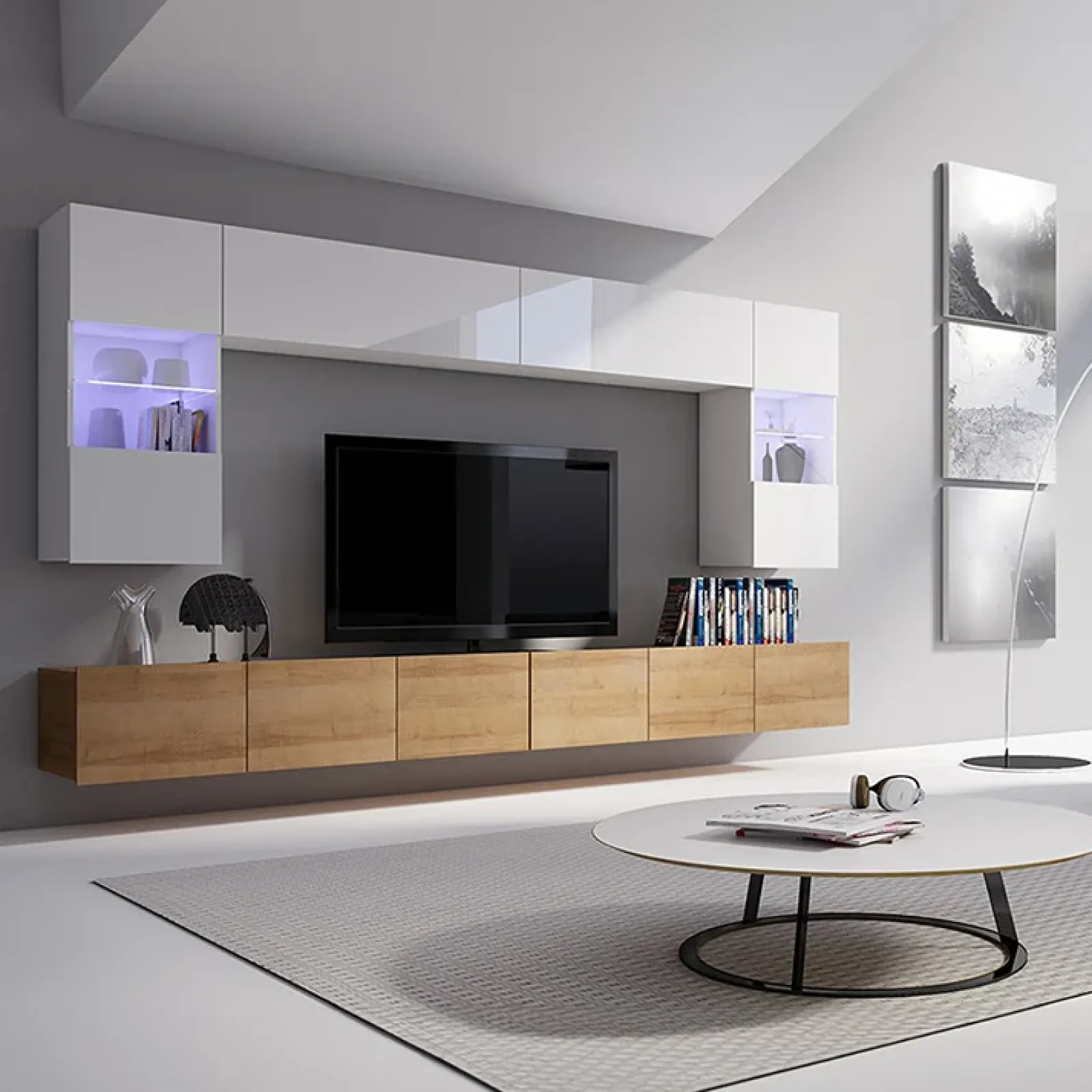 Garnero Arredamenti Parete Attrezzata Sospesa|Pareti Attrezzate-Parete attrezzata sospesa 300x185h cm porta tv con vetrine bianco lucido rovere Mons Rovere - Bianco Lucido