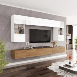 Garnero Arredamenti Parete Attrezzata Sospesa|Pareti Attrezzate-Parete attrezzata sospesa 300x185h cm porta tv con vetrine bianco lucido rovere Mons Rovere - Bianco Lucido