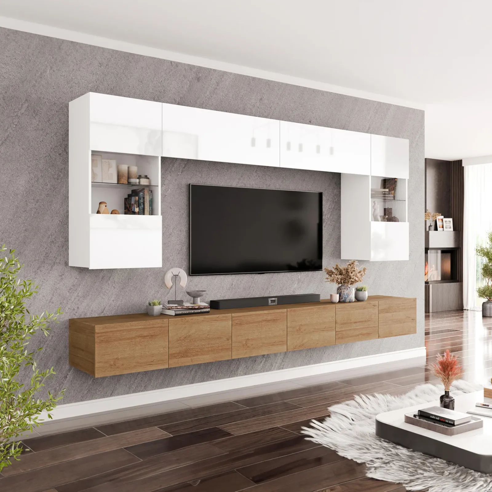 Garnero Arredamenti Parete Attrezzata Sospesa|Pareti Attrezzate-Parete attrezzata sospesa 300x185h cm porta tv con vetrine bianco lucido rovere Mons Rovere - Bianco Lucido