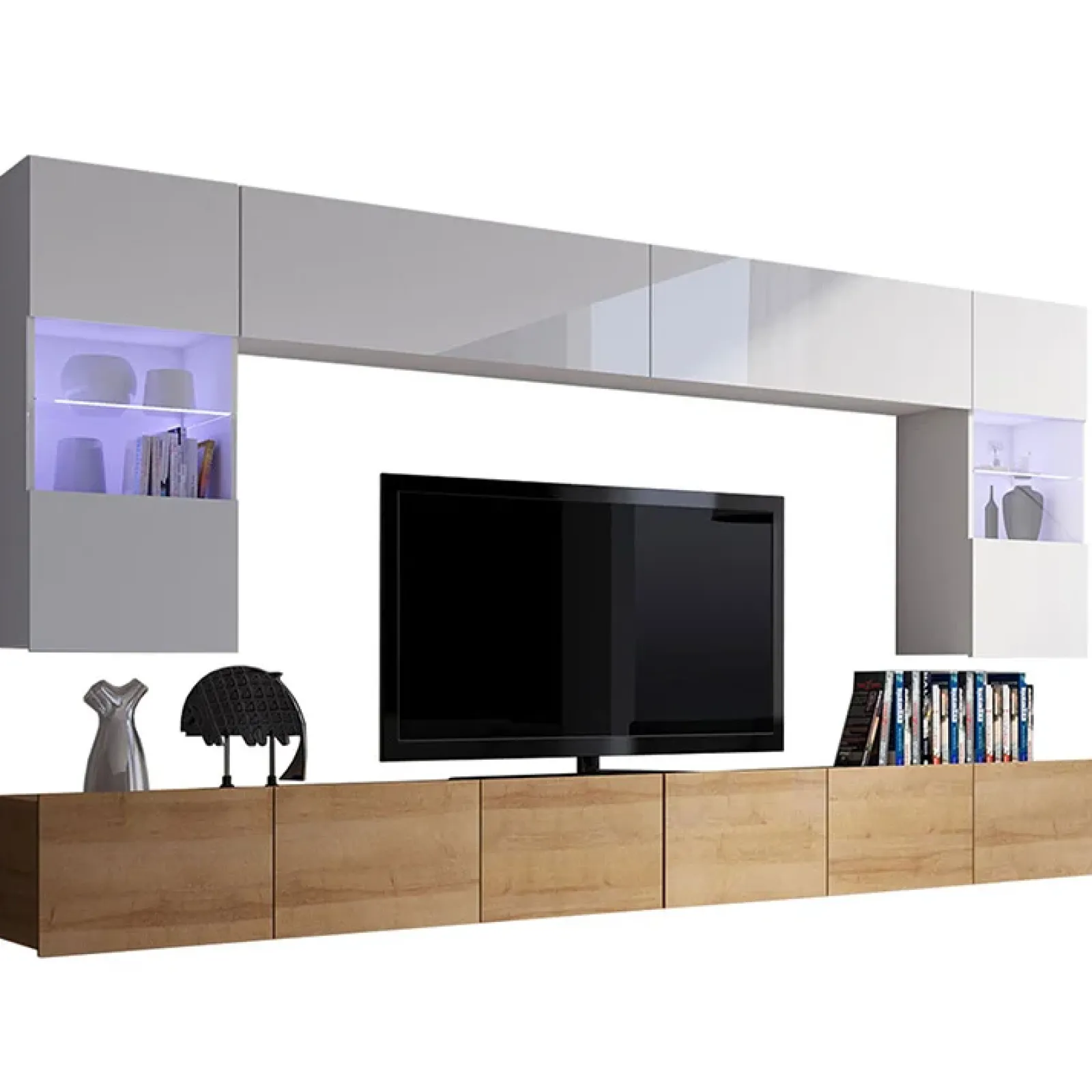 Garnero Arredamenti Parete Attrezzata Sospesa|Pareti Attrezzate-Parete attrezzata sospesa 300x185h cm porta tv con vetrine bianco lucido rovere Mons Rovere - Bianco Lucido