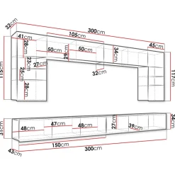 Garnero Arredamenti Parete Attrezzata Sospesa|Pareti Attrezzate-Parete attrezzata sospesa 300x185h cm porta tv con vetrine bianco lucido rovere Mons Rovere - Bianco Lucido