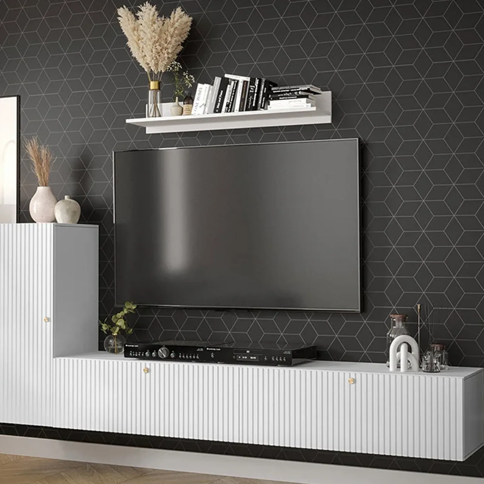 Garnero Arredamenti Parete Attrezzata Sospesa|Pareti Attrezzate-Parete attrezzata sospesa 134x175h cm moderna bianco Kiruna Bianco Opaco