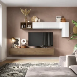 Garnero Arredamenti Parete Attrezzata A Terra|Pareti Attrezzate-Parete attrezzata sospesa 276x180h cm bianco lucido rovere scuro Sunset 41 Noce - Bianco Lucido