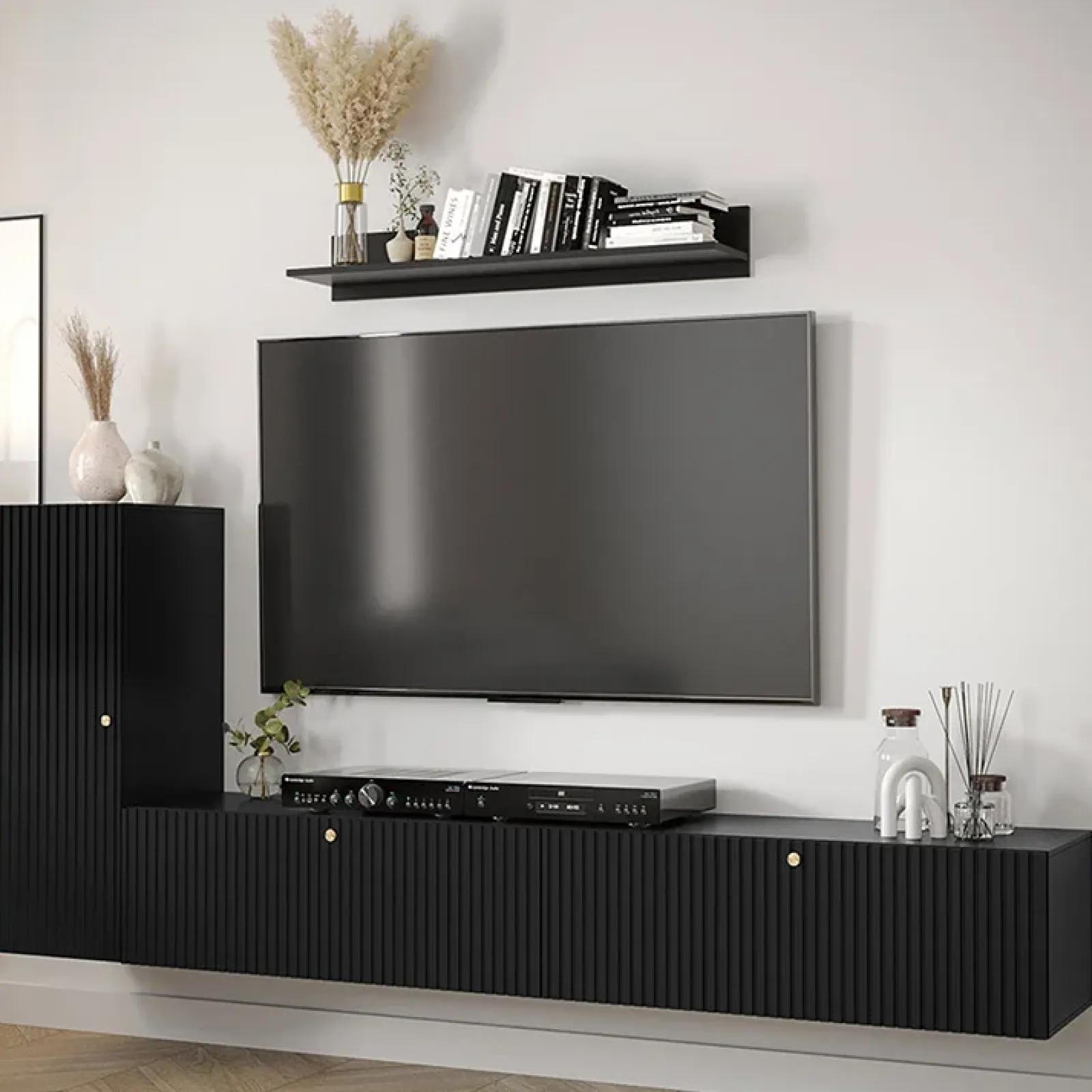 Garnero Arredamenti Parete Attrezzata Sospesa|Pareti Attrezzate-Parete attrezzata sospesa 134x175h cm moderna nero Kiruna Nero Opaco