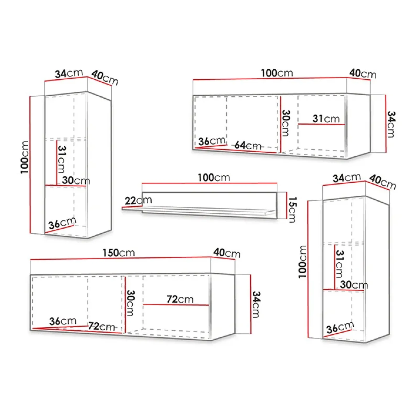 Garnero Arredamenti Parete Attrezzata Sospesa|Pareti Attrezzate-Parete attrezzata sospesa 134x175h cm moderna nero Kiruna Nero Opaco