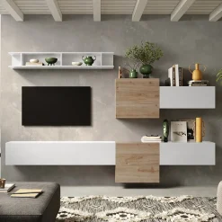 Garnero Arredamenti Parete Attrezzata Sospesa|Pareti Attrezzate-Parete attrezzata sospesa 262x190h cm bianco lucido rovere chiaro Sunset 22 Rovere - Bianco Lucido