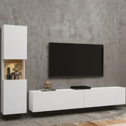 Garnero Arredamenti Parete Attrezzata Sospesa|Pareti Attrezzate-Parete attrezzata sospesa 226x140h cm bianco rovere Fusion 1 Bianco Opaco