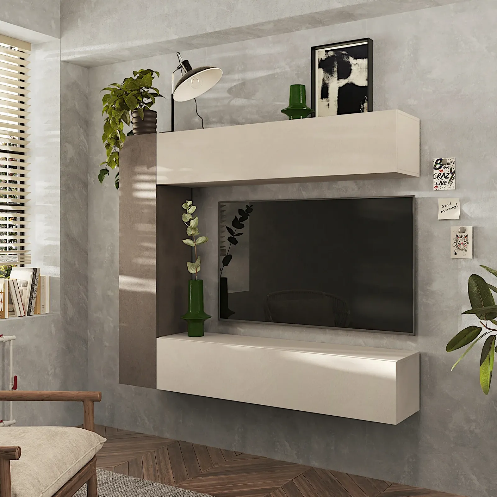 Garnero Arredamenti Parete Attrezzata A Terra|Pareti Attrezzate-Parete attrezzata sospesa 167x180h cm moderna beige marrone Sunset 98