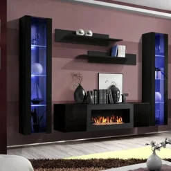 Garnero Arredamenti Camino Bioetanolo|Parete Attrezzata Con Camino-Parete attrezzata sospesa 260x170h cm con biocamino e vetrine intere nero M Gihome® Nero Lucido