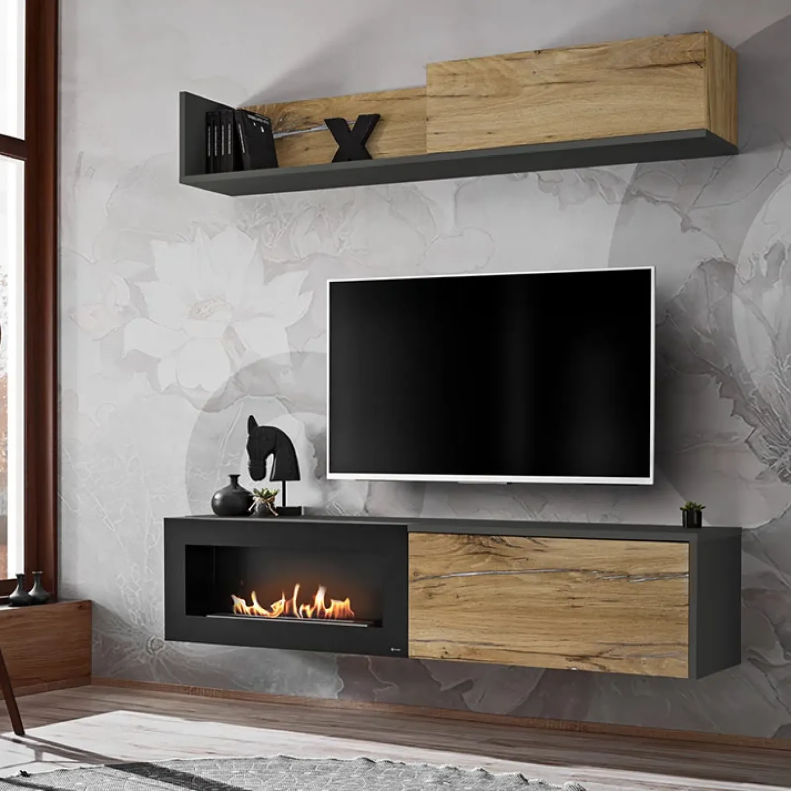 Garnero Arredamenti Camino Bioetanolo|Parete Attrezzata Con Camino-Parete attrezzata sospesa 180x150h cm con caminetto bioetanolo rovere antico antracite Botticelli