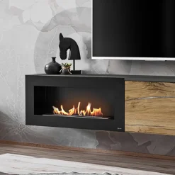 Garnero Arredamenti Camino Bioetanolo|Parete Attrezzata Con Camino-Parete attrezzata sospesa 180x150h cm con caminetto bioetanolo rovere antico antracite Botticelli