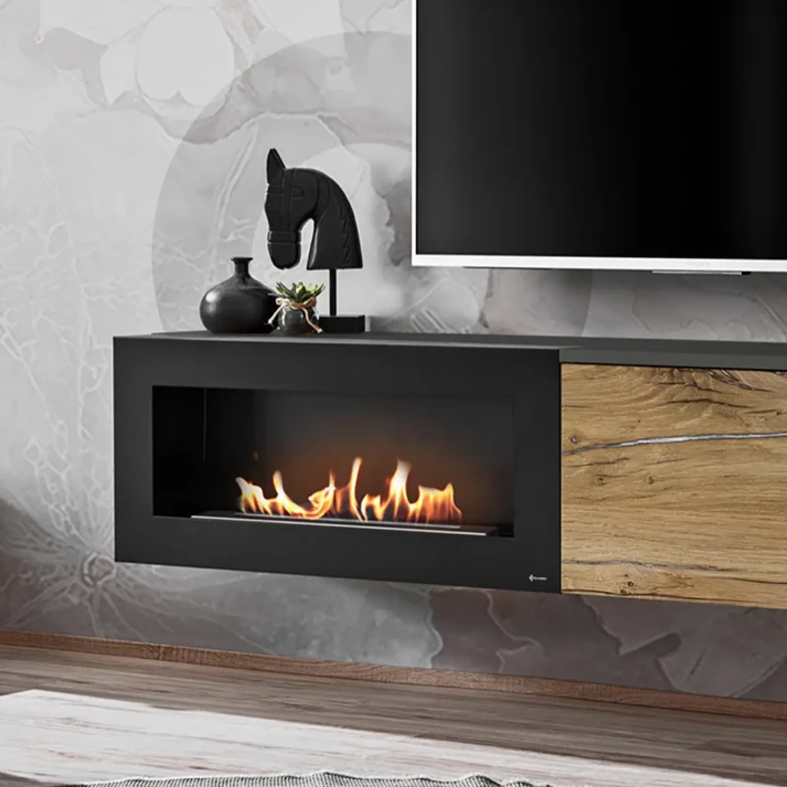Garnero Arredamenti Camino Bioetanolo|Parete Attrezzata Con Camino-Parete attrezzata sospesa 180x150h cm con caminetto bioetanolo rovere antico antracite Botticelli