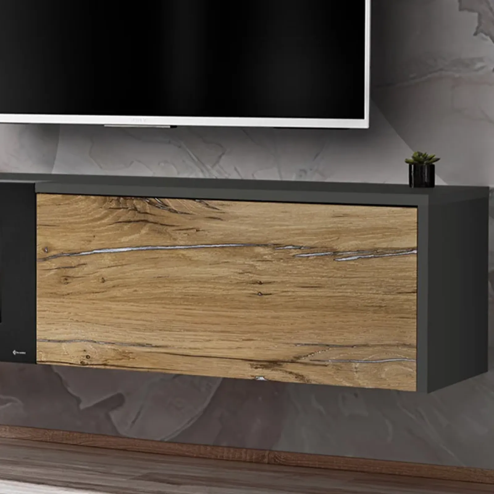 Garnero Arredamenti Camino Bioetanolo|Parete Attrezzata Con Camino-Parete attrezzata sospesa 180x150h cm con caminetto bioetanolo rovere antico antracite Botticelli