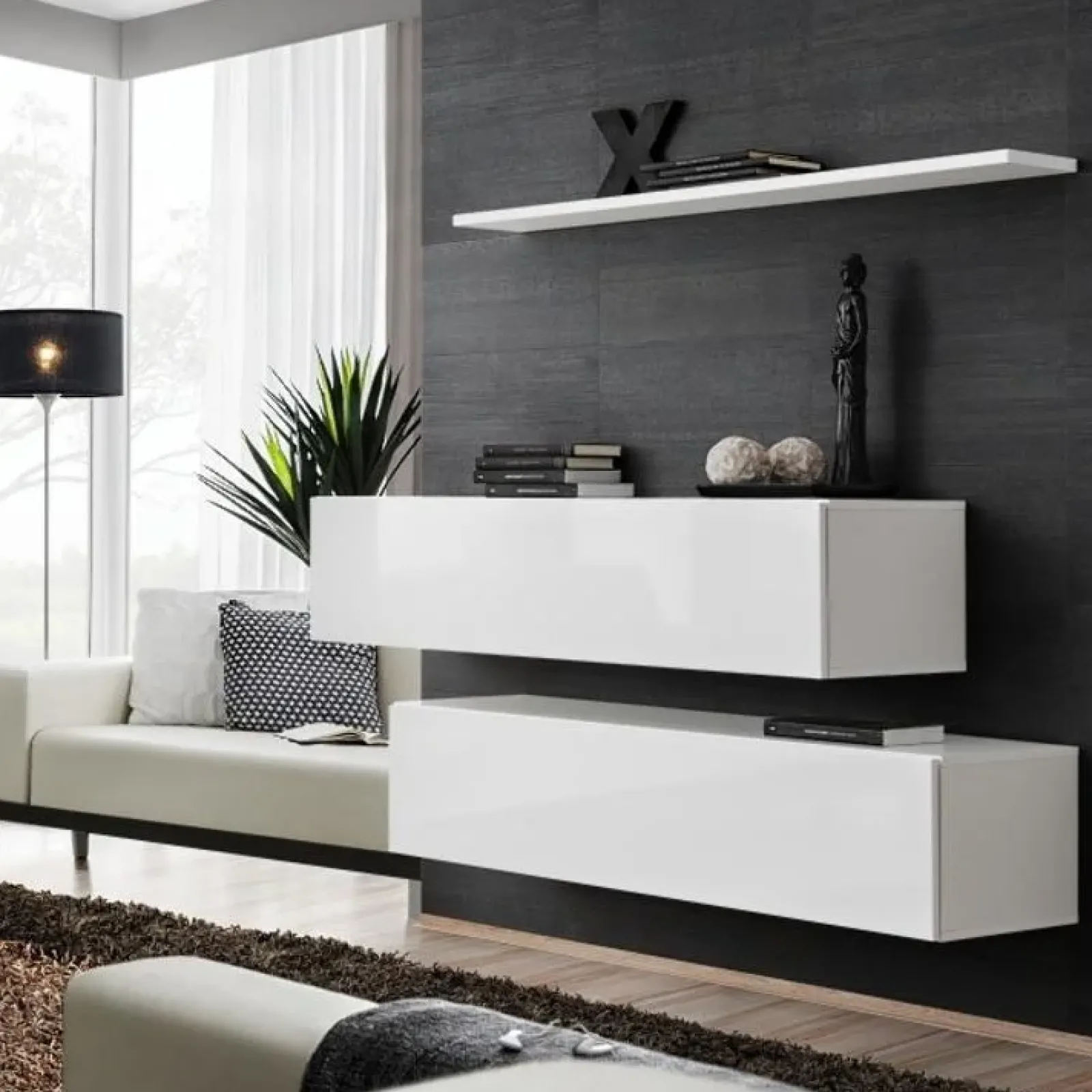 Garnero Arredamenti Parete Attrezzata Sospesa|Pareti Attrezzate-Parete attrezzata sospesa 130x110h cm bianco opaco lucido Geo 19 Bianco Opaco - Bianco Lucido