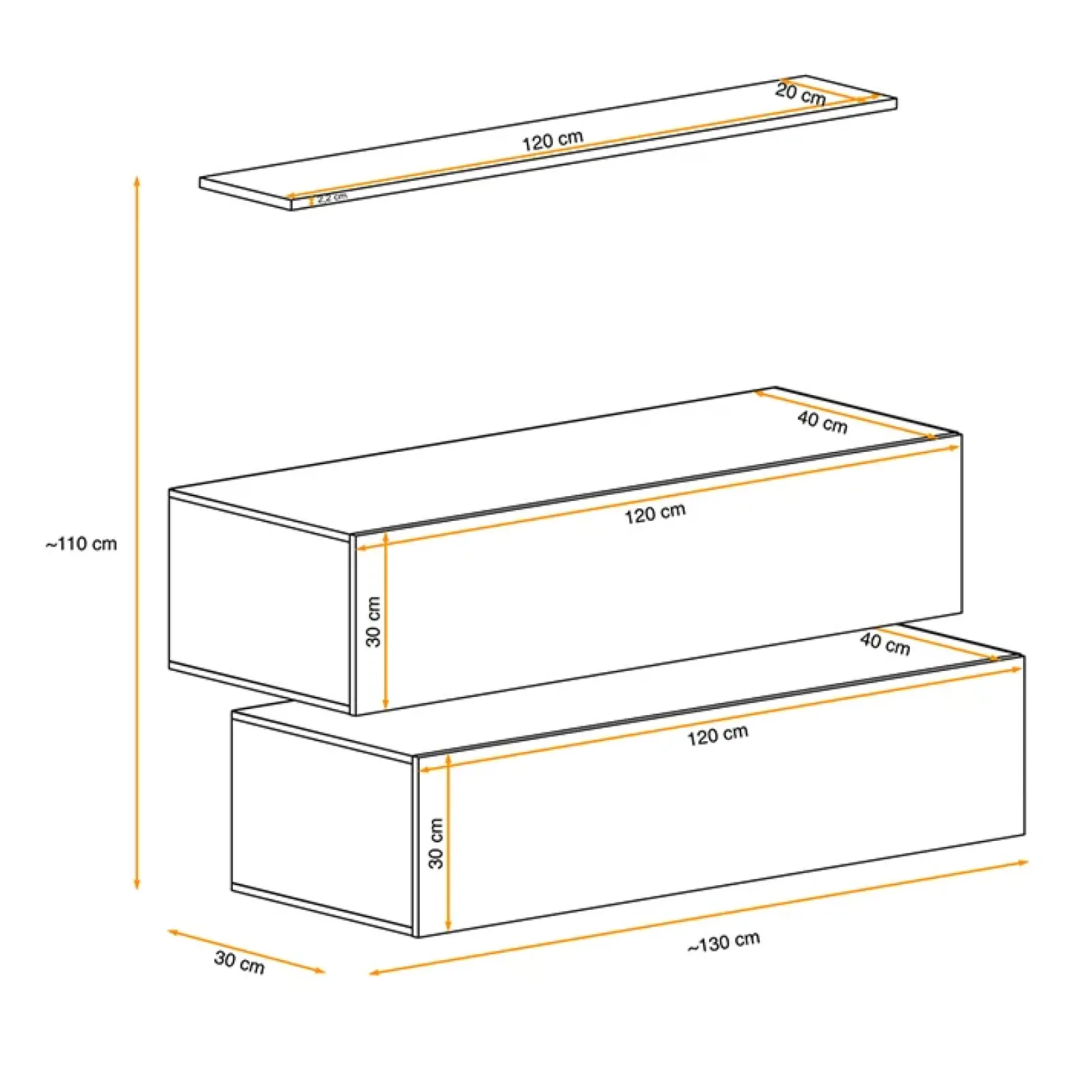 Garnero Arredamenti Parete Attrezzata Sospesa|Pareti Attrezzate-Parete attrezzata sospesa 130x110h cm bianco opaco lucido Geo 19 Bianco Opaco - Bianco Lucido