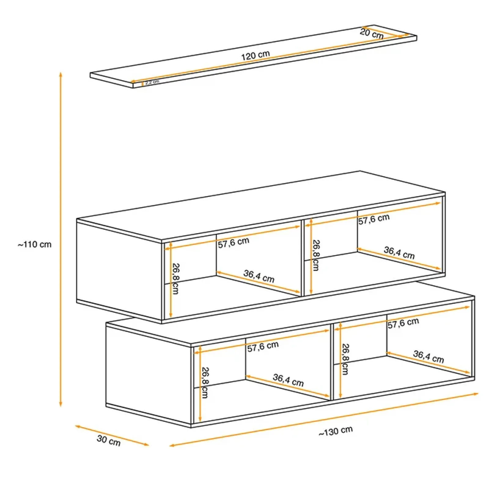 Garnero Arredamenti Parete Attrezzata Sospesa|Pareti Attrezzate-Parete attrezzata sospesa 130x110h cm bianco opaco lucido Geo 19 Bianco Opaco - Bianco Lucido