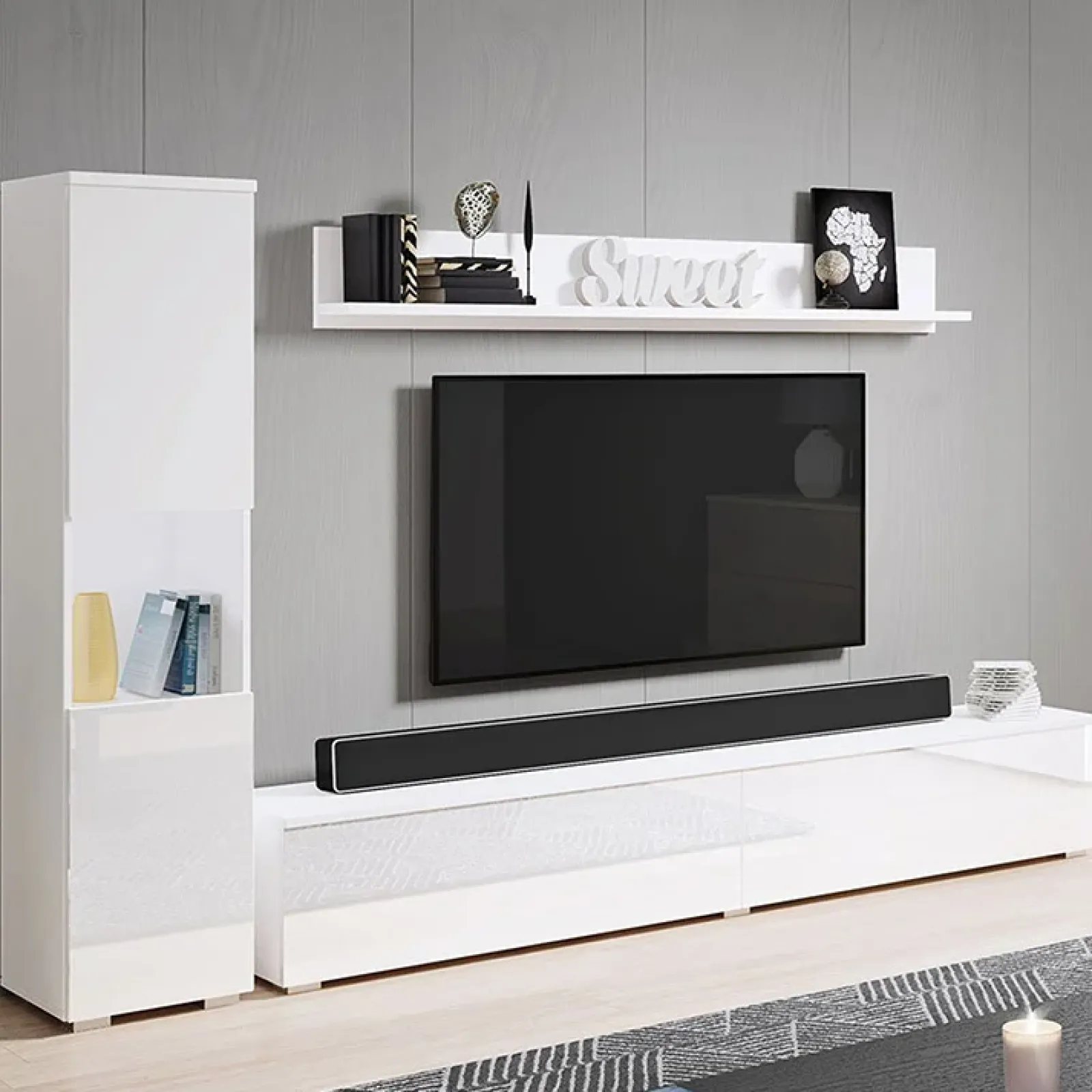 Garnero Arredamenti Parete Attrezzata Sospesa|Pareti Attrezzate-Parete attrezzata sospesa 210x130h cm bianco lucido Lamia