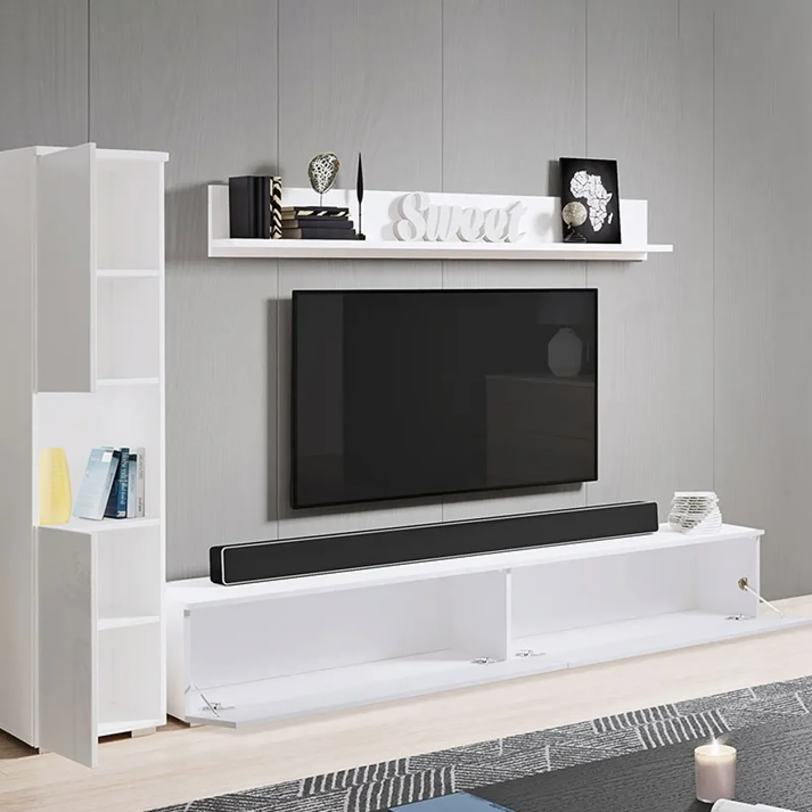 Garnero Arredamenti Parete Attrezzata Sospesa|Pareti Attrezzate-Parete attrezzata sospesa 210x130h cm bianco lucido Lamia