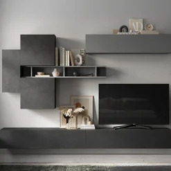 Garnero Arredamenti Parete Attrezzata Sospesa|Pareti Attrezzate-Parete attrezzata sospesa 276x190h cm moderna grigio scuro antracite Sunset 44 Antracite - Grigio