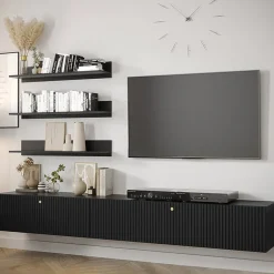 Garnero Arredamenti Parete Attrezzata Sospesa|Pareti Attrezzate-Parete attrezzata sospesa 250x150h cm nero Kiruna 2 Nero Opaco