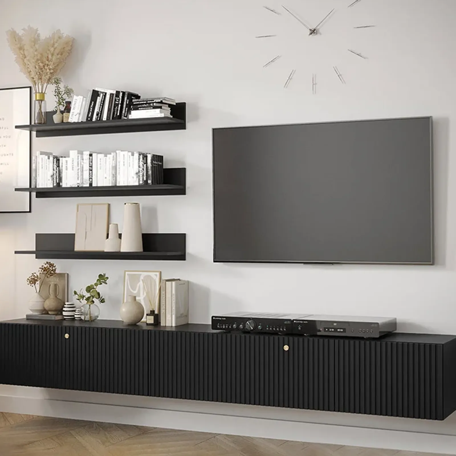 Garnero Arredamenti Parete Attrezzata Sospesa|Pareti Attrezzate-Parete attrezzata sospesa 250x150h cm nero Kiruna 2 Nero Opaco