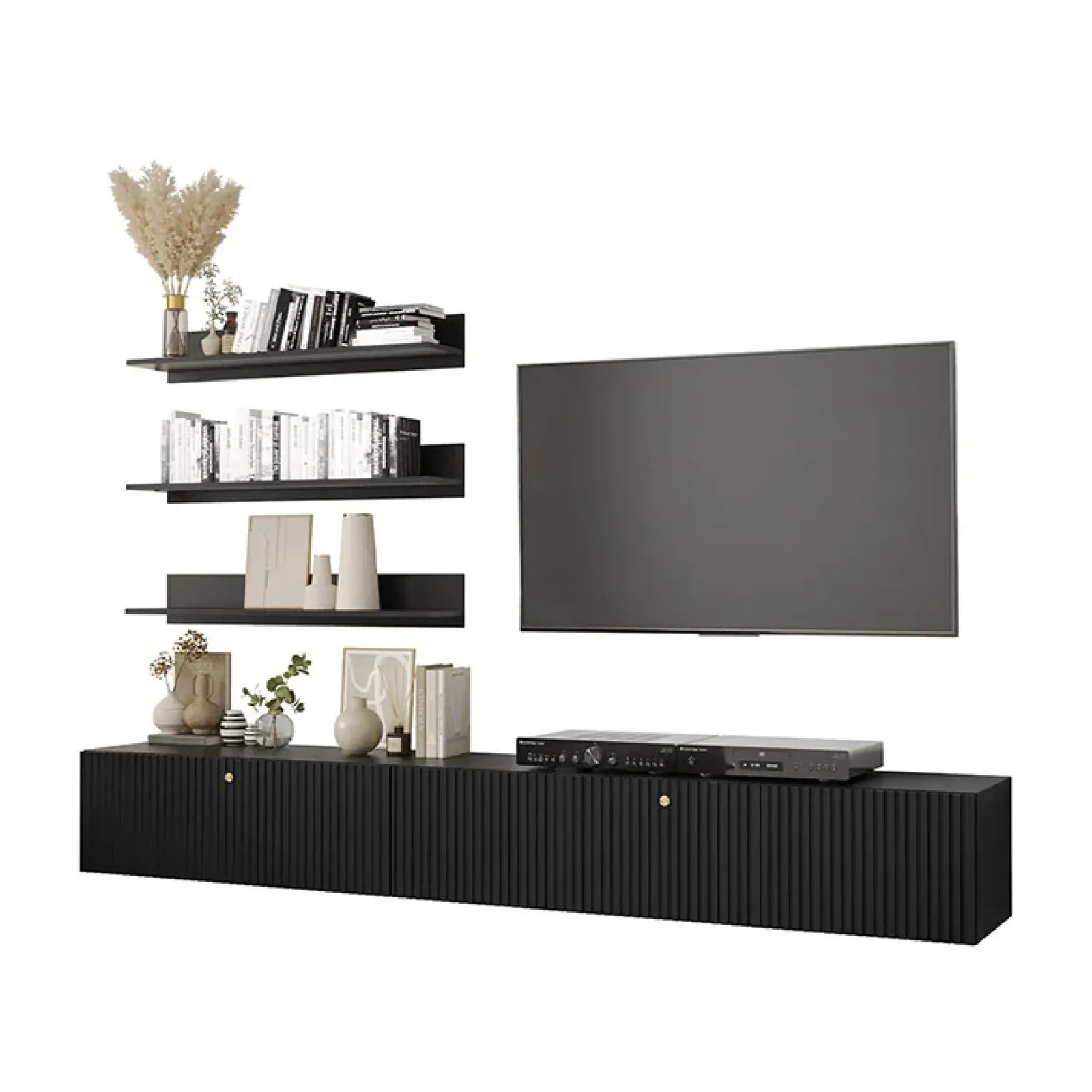 Garnero Arredamenti Parete Attrezzata Sospesa|Pareti Attrezzate-Parete attrezzata sospesa 250x150h cm nero Kiruna 2 Nero Opaco