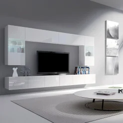 Garnero Arredamenti Parete Attrezzata Sospesa|Pareti Attrezzate-Parete attrezzata sospesa 300x185h cm porta tv con vetrine Mons Bianco Lucido