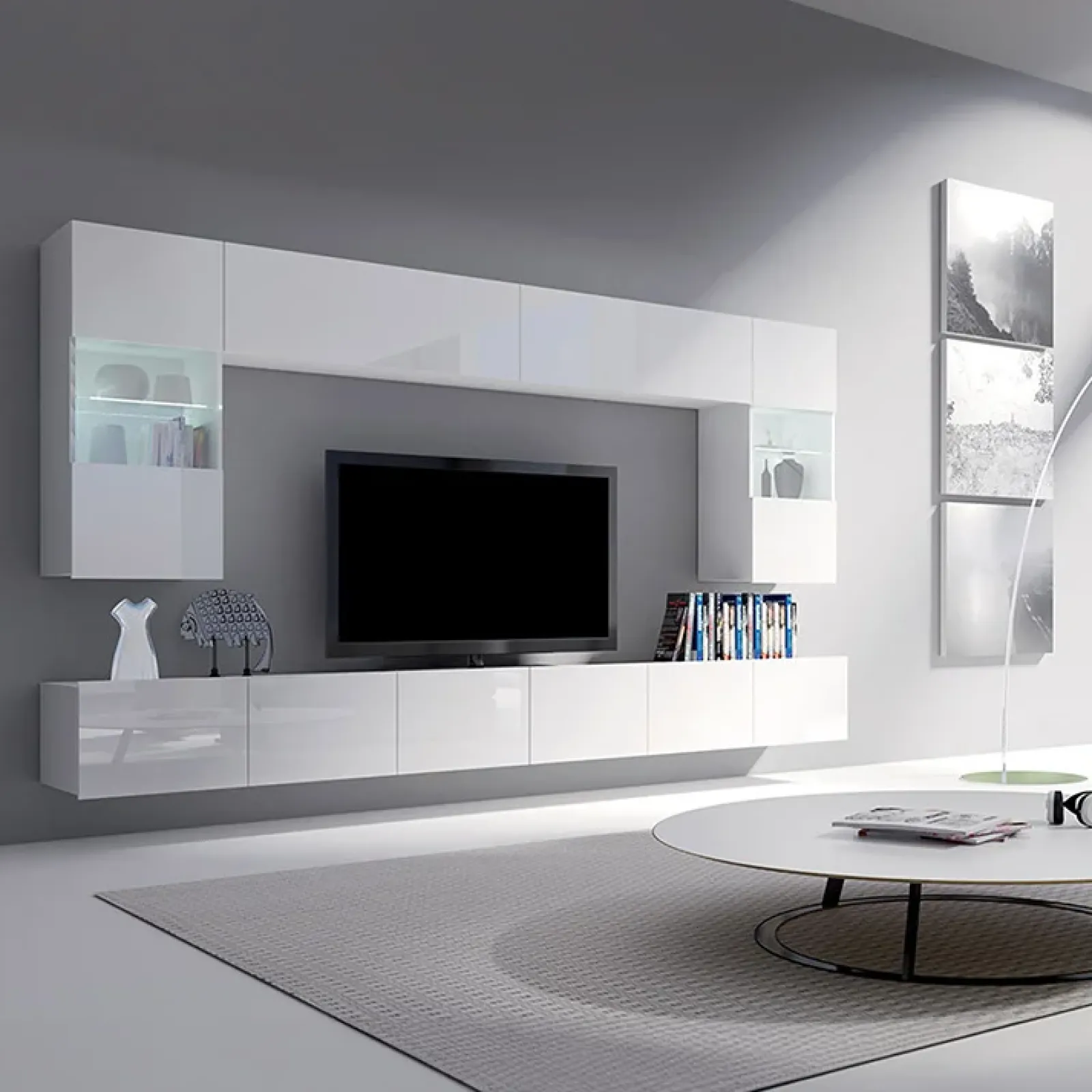 Garnero Arredamenti Parete Attrezzata Sospesa|Pareti Attrezzate-Parete attrezzata sospesa 300x185h cm porta tv con vetrine Mons Bianco Lucido