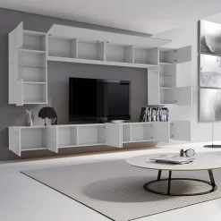 Garnero Arredamenti Parete Attrezzata Sospesa|Pareti Attrezzate-Parete attrezzata sospesa 300x185h cm porta tv con vetrine Mons Bianco Lucido
