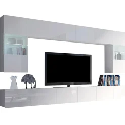 Garnero Arredamenti Parete Attrezzata Sospesa|Pareti Attrezzate-Parete attrezzata sospesa 300x185h cm porta tv con vetrine Mons Bianco Lucido