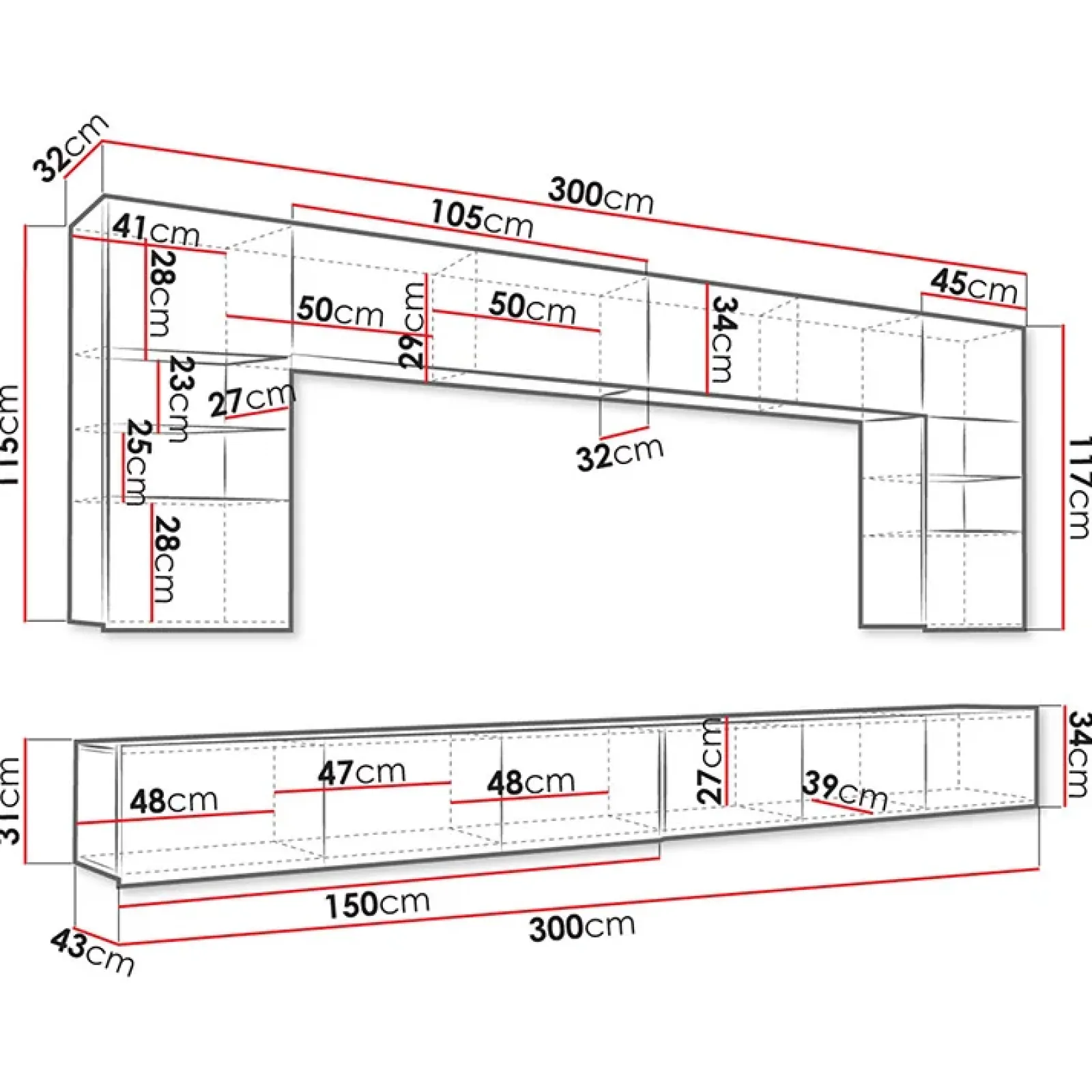 Garnero Arredamenti Parete Attrezzata Sospesa|Pareti Attrezzate-Parete attrezzata sospesa 300x185h cm porta tv con vetrine Mons Bianco Lucido