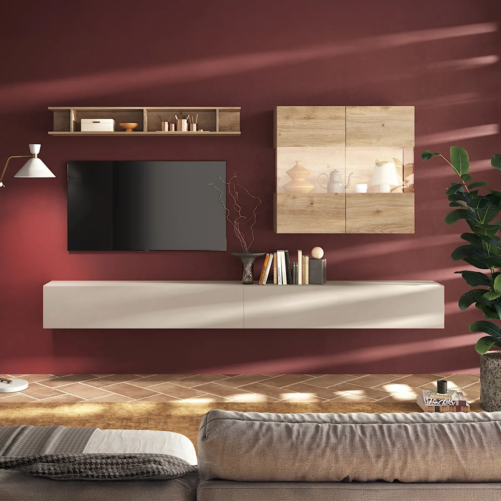 Garnero Arredamenti Parete Attrezzata Sospesa|Pareti Attrezzate-Parete attrezzata sospesa 276x202h cm moderna beige rovere chiaro Sunset 70