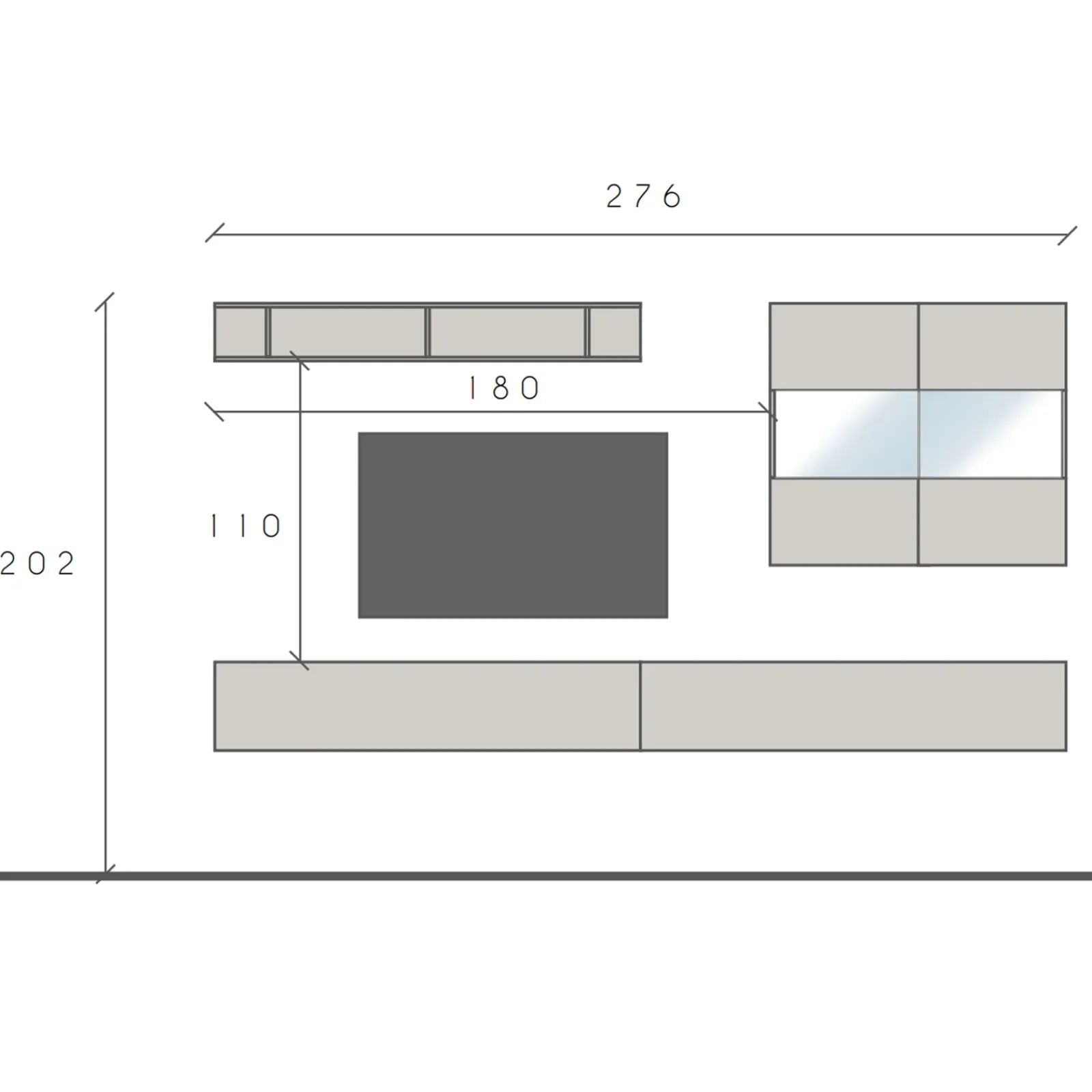 Garnero Arredamenti Parete Attrezzata Sospesa|Pareti Attrezzate-Parete attrezzata sospesa 276x202h cm moderna beige rovere chiaro Sunset 70