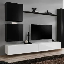 Garnero Arredamenti Parete Attrezzata Sospesa|Pareti Attrezzate-Parete attrezzata sospesa 280x180h cm moderna bianco e nero lucido Geo 07 Bianco Lucido - Nero Lucido