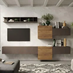 Garnero Arredamenti Parete Attrezzata Sospesa|Pareti Attrezzate-Parete attrezzata sospesa 262x190h cm rovere marrone bronzo Sunset 22 Noce - Marrone