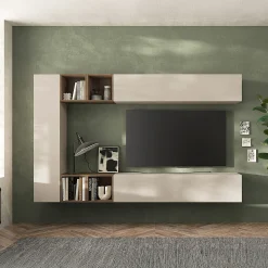 Garnero Arredamenti Parete Attrezzata Sospesa|Pareti Attrezzate-Parete attrezzata sospesa 223x195h cm moderna beige rovere scuro Sunset 83