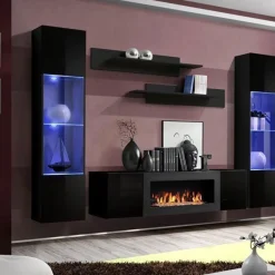 Garnero Arredamenti Camino Bioetanolo|Parete Attrezzata Con Camino-Parete attrezzata sospesa 260x170h cm con biocamino e vetrine nero M Gihome® Nero Lucido
