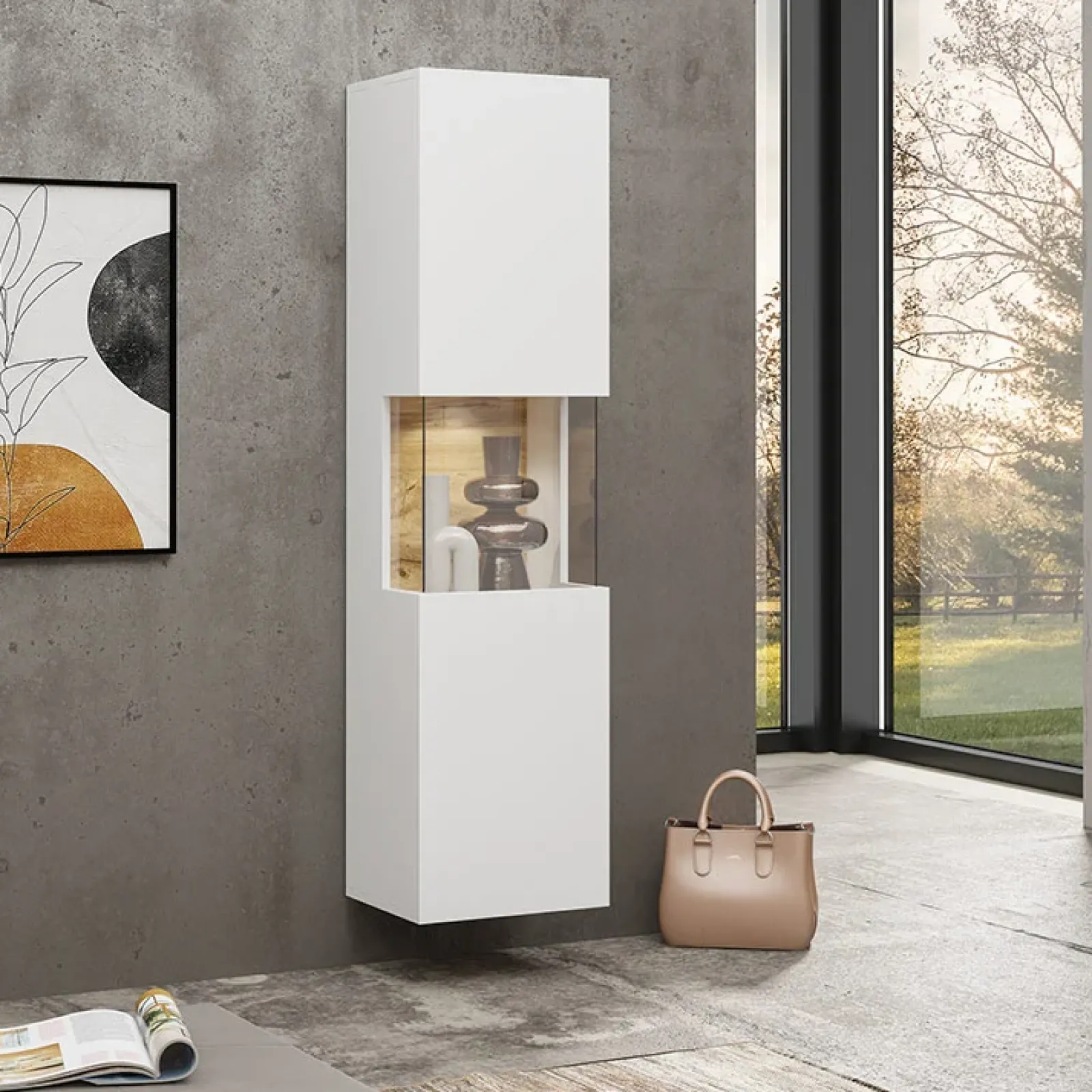 Garnero Arredamenti Parete Attrezzata Sospesa|Pareti Attrezzate-Parete attrezzata sospesa 226x140h cm bianco rovere Fusion 2 Bianco Opaco