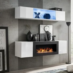 Garnero Arredamenti Camino Bioetanolo|Parete Attrezzata Con Camino-Parete attrezzata sospesa 160x150h cm soggiorno con biocamino bianco N Gihome®