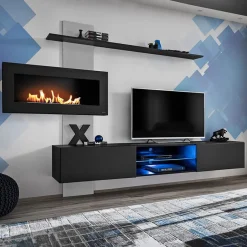 Garnero Arredamenti Camino Bioetanolo|Parete Attrezzata Con Camino-Parete attrezzata sospesa 250x170h cm con camino bioetanolo nero grigio Giotto