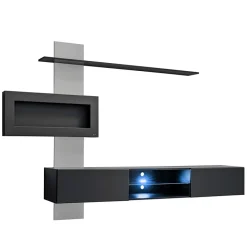 Garnero Arredamenti Camino Bioetanolo|Parete Attrezzata Con Camino-Parete attrezzata sospesa 250x170h cm con camino bioetanolo nero grigio Giotto