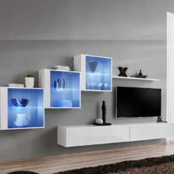 Garnero Arredamenti Parete Attrezzata Sospesa|Pareti Attrezzate-Parete attrezzata sospesa 330x160h cm moderna bianco opaco e lucido Geo 17