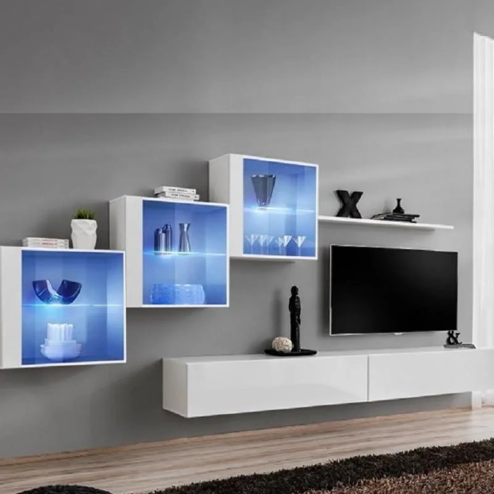 Garnero Arredamenti Parete Attrezzata Sospesa|Pareti Attrezzate-Parete attrezzata sospesa 330x160h cm moderna bianco opaco e lucido Geo 17