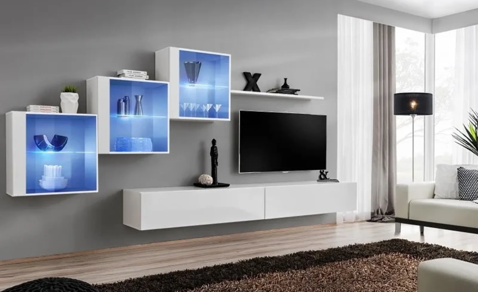 Garnero Arredamenti Parete Attrezzata Sospesa|Pareti Attrezzate-Parete attrezzata sospesa 330x160h cm moderna bianco opaco e lucido Geo 17