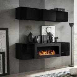 Garnero Arredamenti Camino Bioetanolo|Parete Attrezzata Con Camino-Parete attrezzata sospesa con biocamino 160x150h cm nero opaco e lucido N Gihome® Nero Lucido