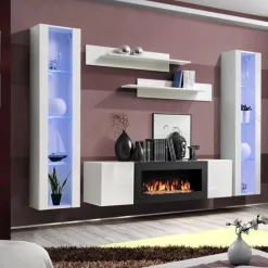 Garnero Arredamenti Camino Bioetanolo|Parete Attrezzata Con Camino-Parete attrezzata sospesa 260x170h cm  con biocamino e vetrine intere M Gihome® Bianco Lucido