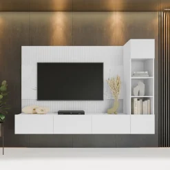 Garnero Arredamenti Parete Attrezzata Sospesa|Pareti Attrezzate-Parete attrezzata sospesa 220x150h cm con colonna bianco cannettato effetto marmo Ilaria Bianco Opaco