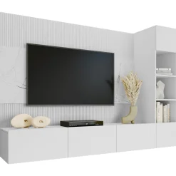 Garnero Arredamenti Parete Attrezzata Sospesa|Pareti Attrezzate-Parete attrezzata sospesa 220x150h cm con colonna bianco cannettato effetto marmo Ilaria Bianco Opaco